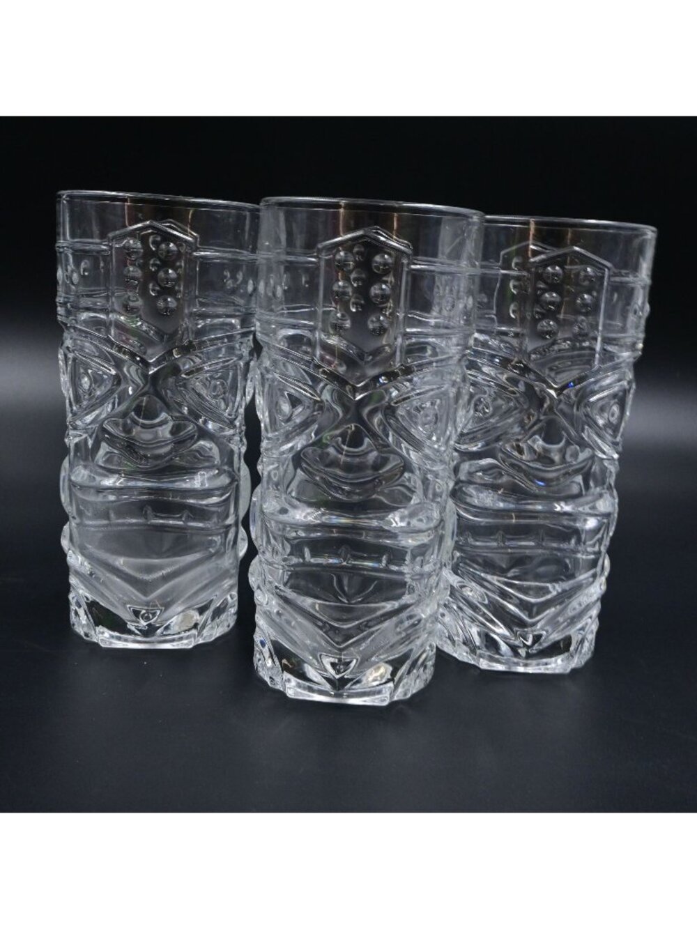 Forum Tiki Face Tumbler Glasses Set of 3 Clear Hawaiian Totem Barware Highball